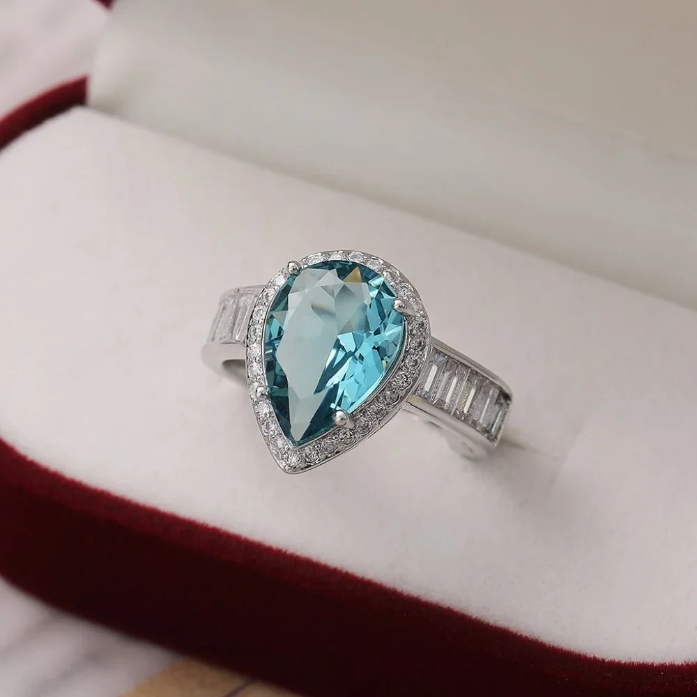 😍DAINTY SEA BLUE WATER DROP CRYSTAL PURE CZ SILVER PEAR RING FOR WOMEN, K916